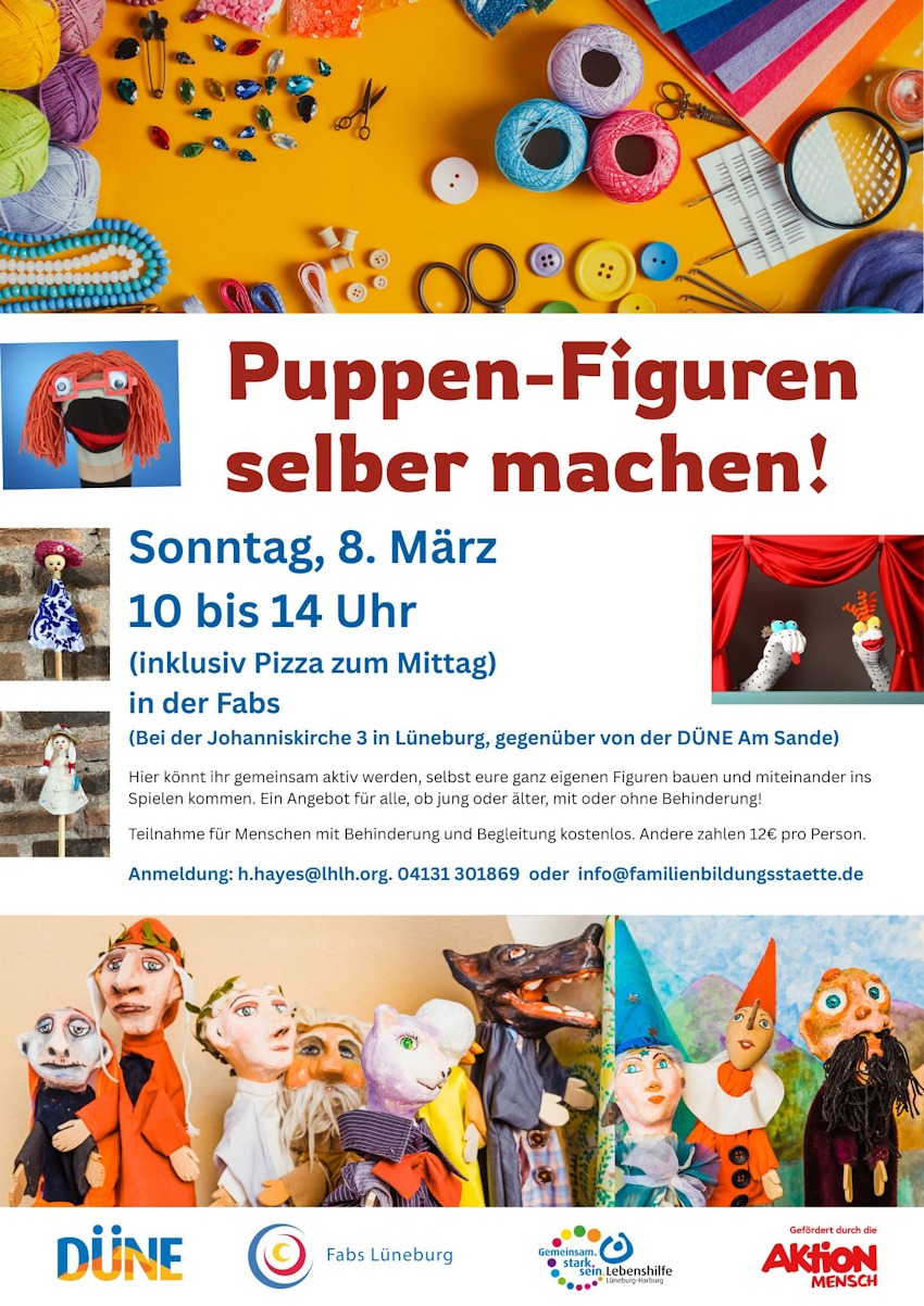 Grafik: Lebenshilfe Lüneburg-Harburg. Puppenfiguren selber machen - Workshop am 8. März 2026.