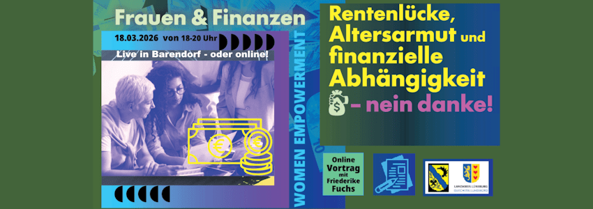 Grafik: Landkreis Lüneburg. Flyer zur Veranstaltung "Frauen & Finanzen" am 18. März 2026.