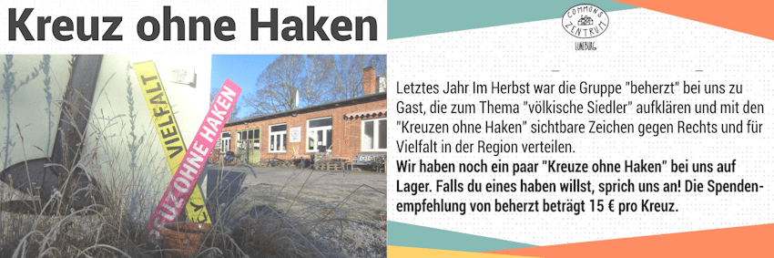Grafik: Sharepic, Commons Zentrum (angepasst). Das "Kreuz ohne Haken" ist ein sichtbares Zeichen für Vielfalt und gegen Rechts. Verteilt wird es von der Gruppe "beherzt". Wenn du eines haben möchtest, spricht das im Commons Zentrum an. Die Spendenempfehlung pro Kreuz beträgt 15 Euro.