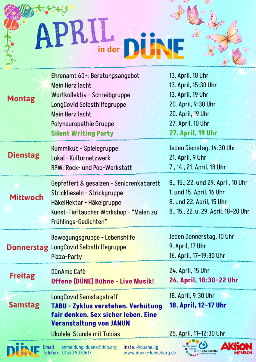 Grafik: Düne Lüneburg. Programm April 2026.
