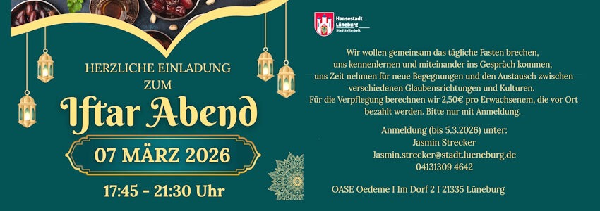 Grafik: Hansestadt Lüneburg. Iftar-Abend in Oedeme am 7. März 2026.