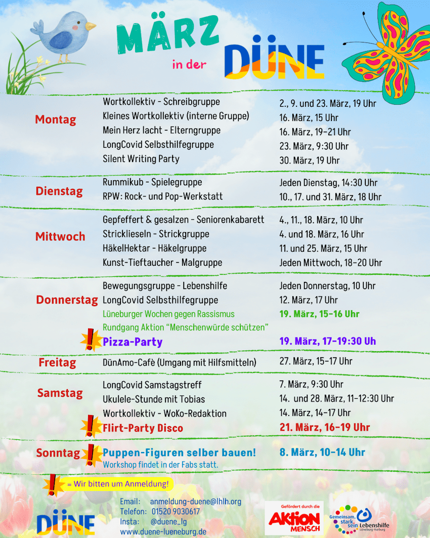 Grafik: Lebenshilfe Lüneburg-Harburg. Das Programm für März 2026 in der DÜNE.