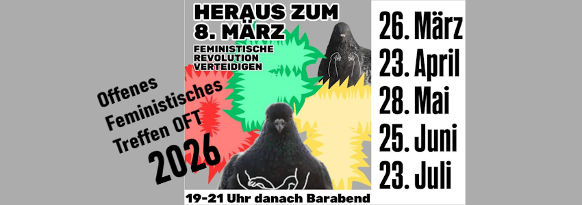Grafik: Offenes Feministisches Treffen, Sharepic (angepasst): Termine 2026, 1. Halbjahr.