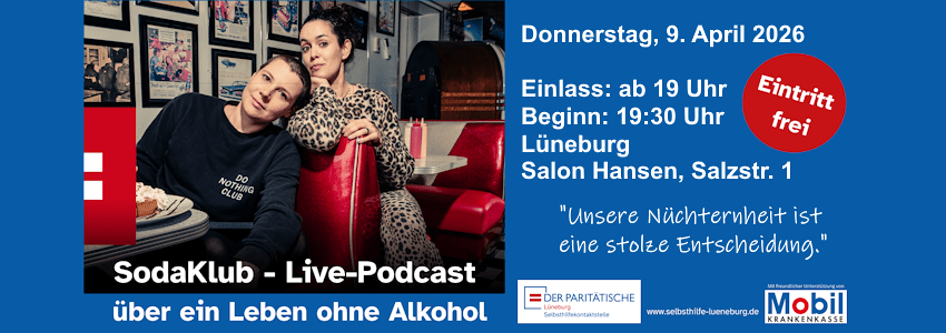 Grafik: Plakat, Selbsthilfekontaktstelle des Paritätischen Lüneburg. SodaKlub am 9. April 2026.