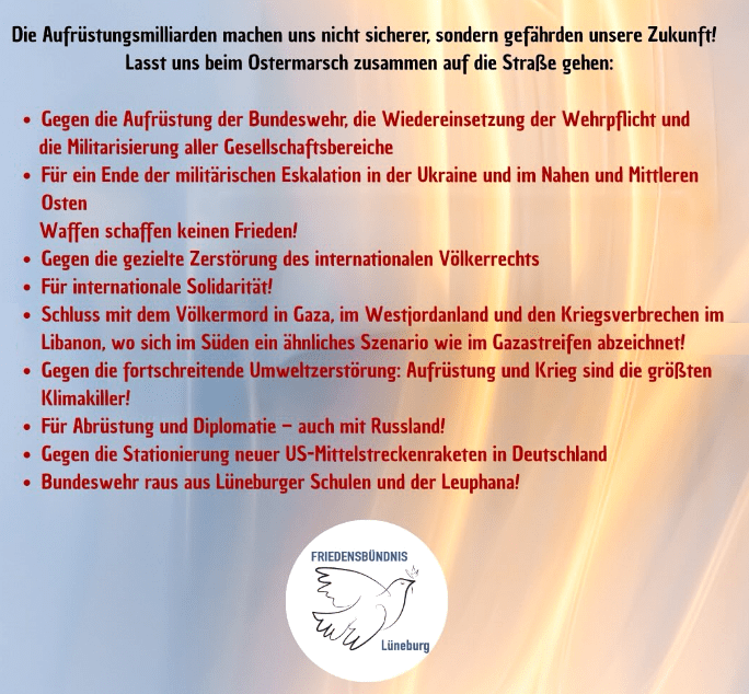Grafik: Friedensbündnis Lüneburg (angepasst). Forderungen zum Ostermarsch 2026.