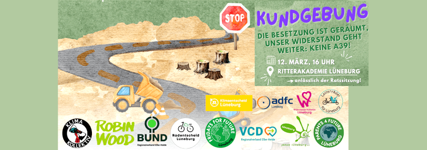 Grafik: Sharepic Aktions-Bündnis Keine A39. Kundgebung am 12. März 2026 zur Ratsversammlung.