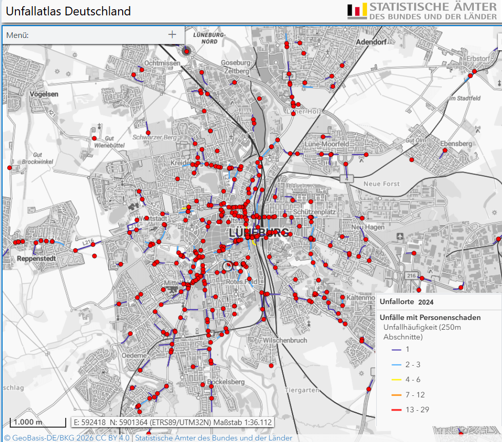 Grafik: Unfallatlas Deutschland, Kartenausschnitt Lüneburg (Screenshot). Unfallorte mit Personenschaden in 2024. Jeder rote Punkt bedeutet: Hier ist mindestens eine Person verletzt worden.