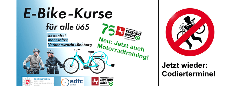 Grafik: Verkehrswacht. E-Bike-Kurse und Motorrad-Training. Polizei: Codiertermine.