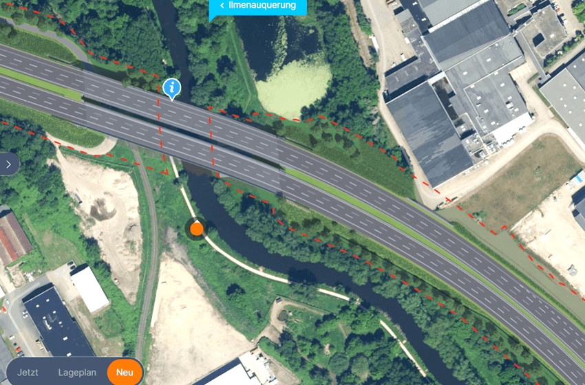 Foto: XKP Projektatlas. Visualisierung des Bauvorhabens A39, Autobahn AG. Standort: Ilmenauquerung. Der Neubau der A39 ist doppelt so breit geplant wie die derzeitige Ostumgehung: Statt den bisherigen zwei Streifen gibt es in jede Richtung einen Standstreifen, zwei Fahrstreifen und einen Einfädelstreifen, nötig durch den engen Kurvenradius.