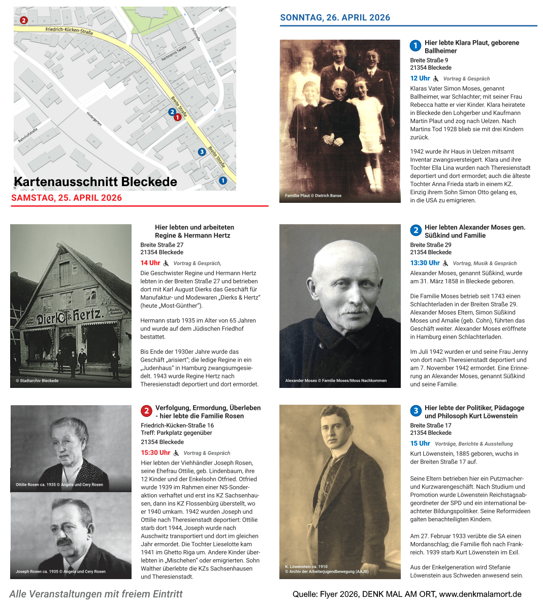 Grafik/Text: DENK MAL AM ORT (DMAO). Flyer (Ausschnitt).  Programm am 25./26. April 2026 in Bleckede.
