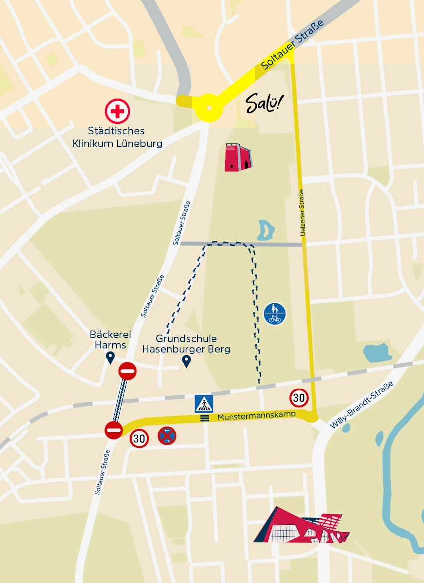 Aktuell wird die OHE-Brücke an der Soltauer Straße neu gebaut. Der Straßenabschnitt ist daher gesperrt und eine Umleitung eingerichtet.
Grafik: Hansestadt Lüneburg.