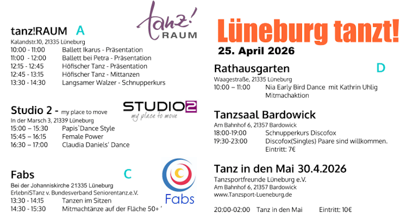„Lüneburg tanzt!“, 25. April 2026: Zeiten, Orte und Angebote in Innenräumen in der Übersicht.