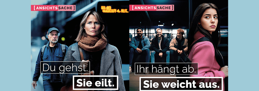 Grafik: PI Lüneburg/ Lüchow-Dannenberg/ Uelzen. Zwei Plakatmotive der Polizeilichen Kriminalprävention „AnsichtsSache“.