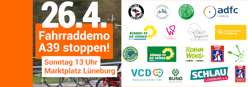 Grafik: Verkehrswende-Bündnis, Sharepic (angepasst). Fahrraddemo "A39 stoppen" am 26.04.2026.