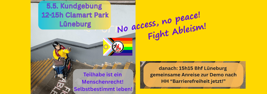 Grafik: Sharepic Anti-ableistische Aktion Lüneburg. Aufruf zur Demonstration am 5. Mai 2026 in Lüneburg.