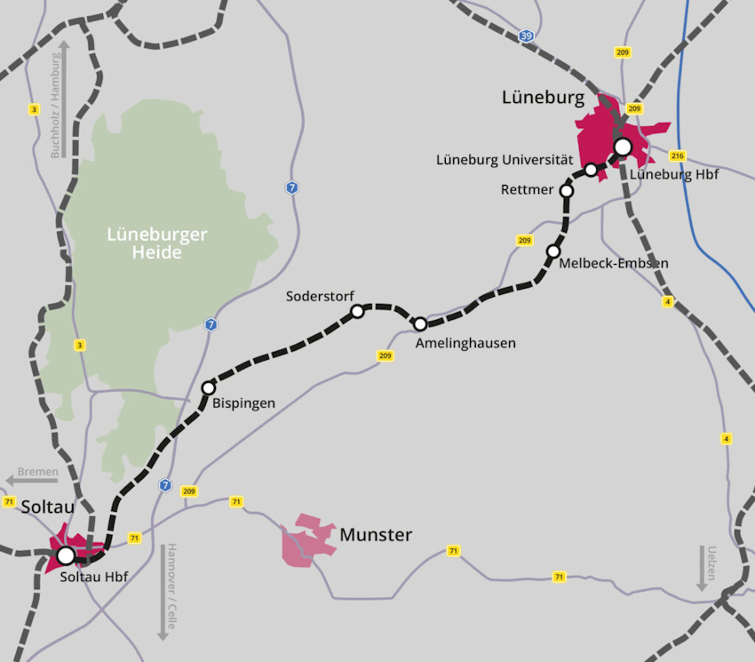 Grafik: SinON. Streckenverlauf und Haltepunkte Lüneburg-Soltau.