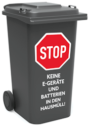 Grafik: stiftung elektro-altgeräte register, Nürnberg. Mülltonne mit Aufschrift "Keine E-Geräte und Batterien in den Hausmüll!"