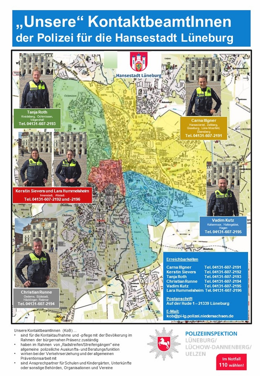 Grafik: Polizeiinspektion Lüneburg/Lüchow-D./Uelzen. Info-Flyer: Die Lüneburger KontaktbeamtInnen.