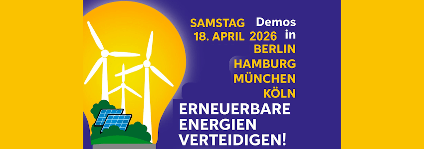 Grafik: Sharepic (angepasst). Erneuerbare Energien verteidigen - Demonstration in Hamburg am 18.04.2026.