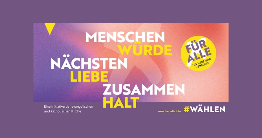 Grafik: Evangelische Kirchen in Niedersachsen und Bremen. Banner zur Kampagne "Demokratie stärken" mit der Aufschrift: "Menschenwürde - Nächstenliebe - Zusammenhalt".