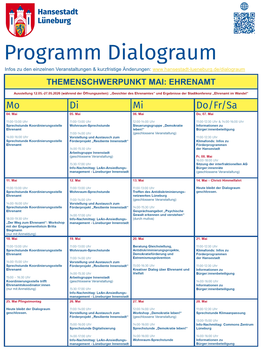 Grafik: Hansestadt Lüneburg. Programm Dialograum im Mai 2026.