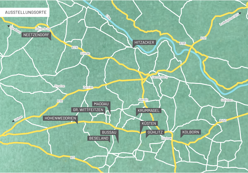 Grafik: Landgang Wendland. Ausstellungsorte 2026 in der Übersichtskarte.