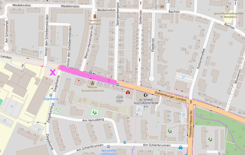 Grafik: OpenStreetMap Mitwirkende. Bauabschnitt II, Dahlenburger Landstraße. Der Treffpunkt für den Ortstermin ist nahe dem pinkfarbenen X.