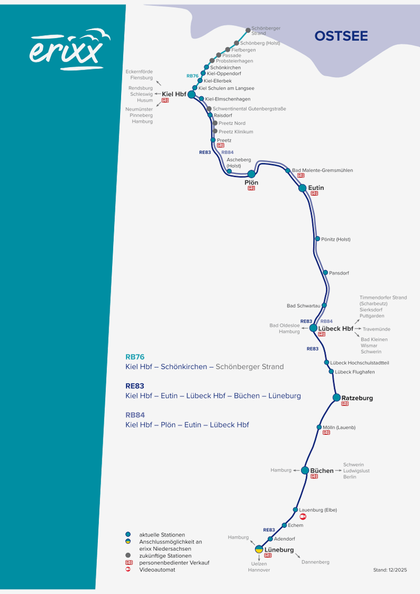 Grafik: erixx Holstein. Von der Ostsee nach Lüneburg - über Kiel, Büchen und Lauenburg. Streckennetz erixx Holstein.