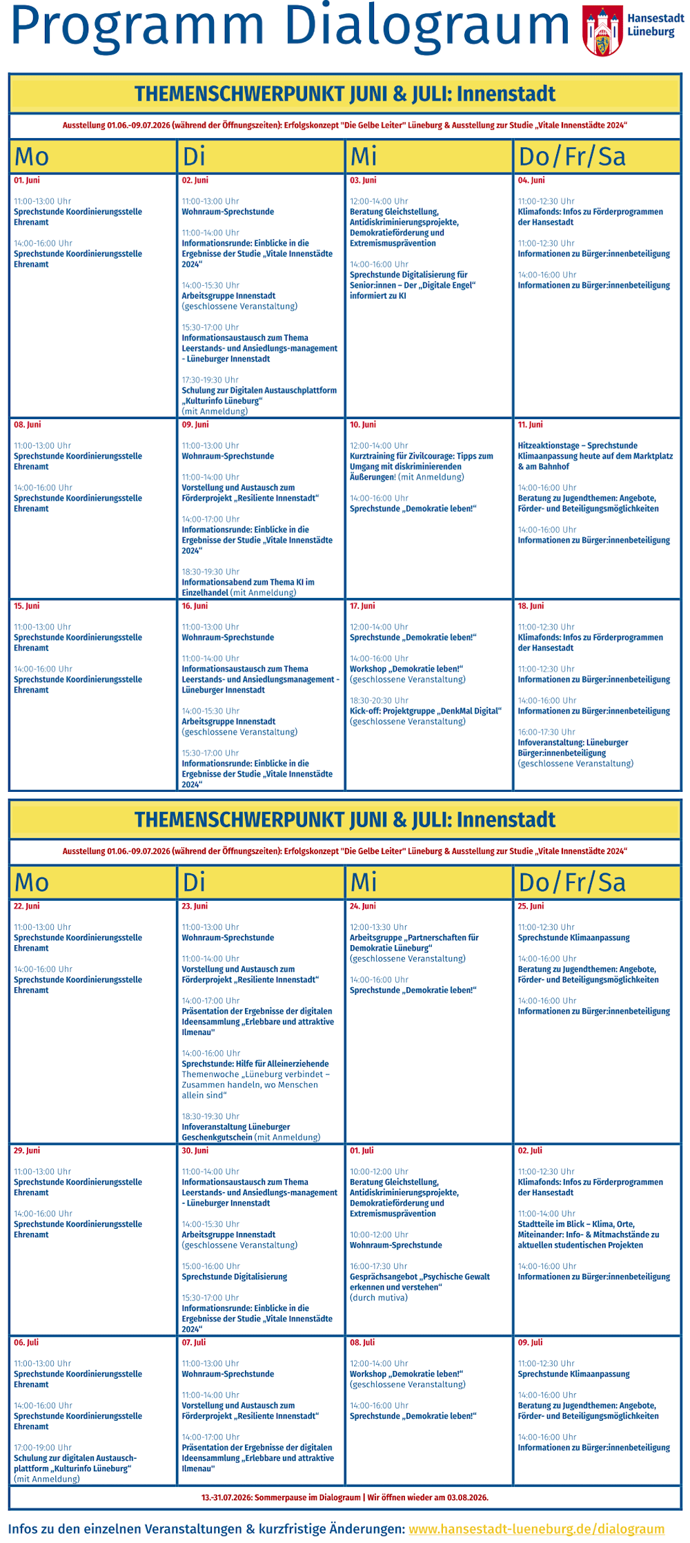 Grafik: Hansestadt Lüneburg ((angepasst). Programm Dialograum Lüneburg, Juni/Juli 2026.