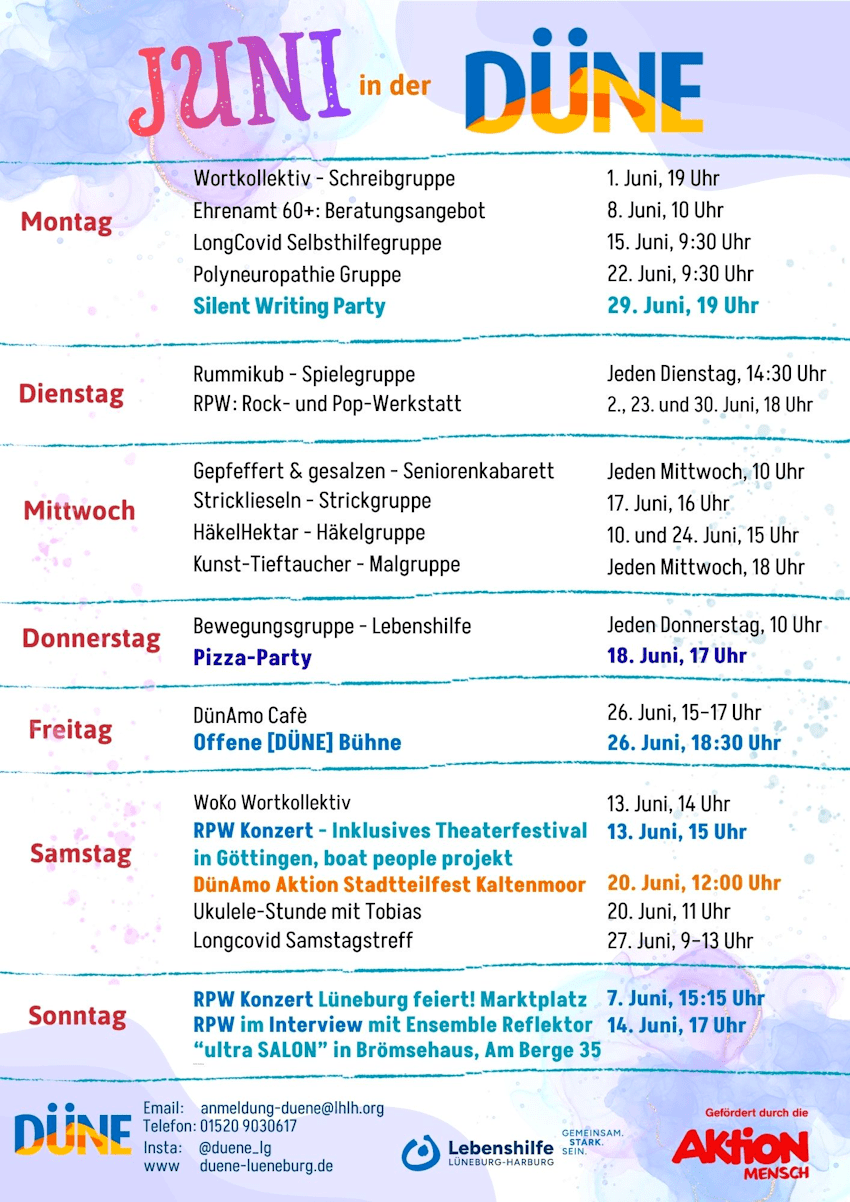 Grafik: Lebenshilfe Lüneburg-Harburg. DÜNE Lüneburg, Programm im Juni 2026.