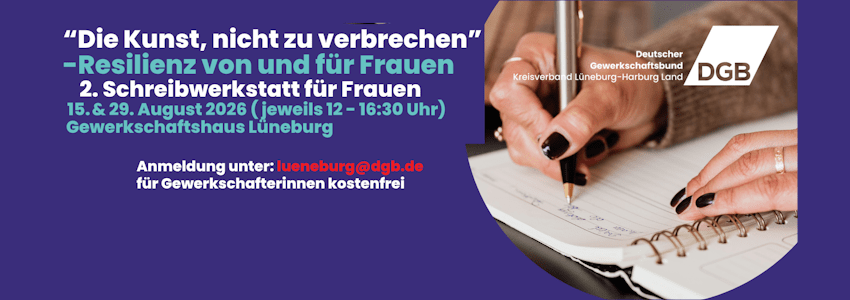 Grafik: DGB. Schreibwerkstatt für Frauen am 15./29. August 2026. Sharepic (angepasst).
