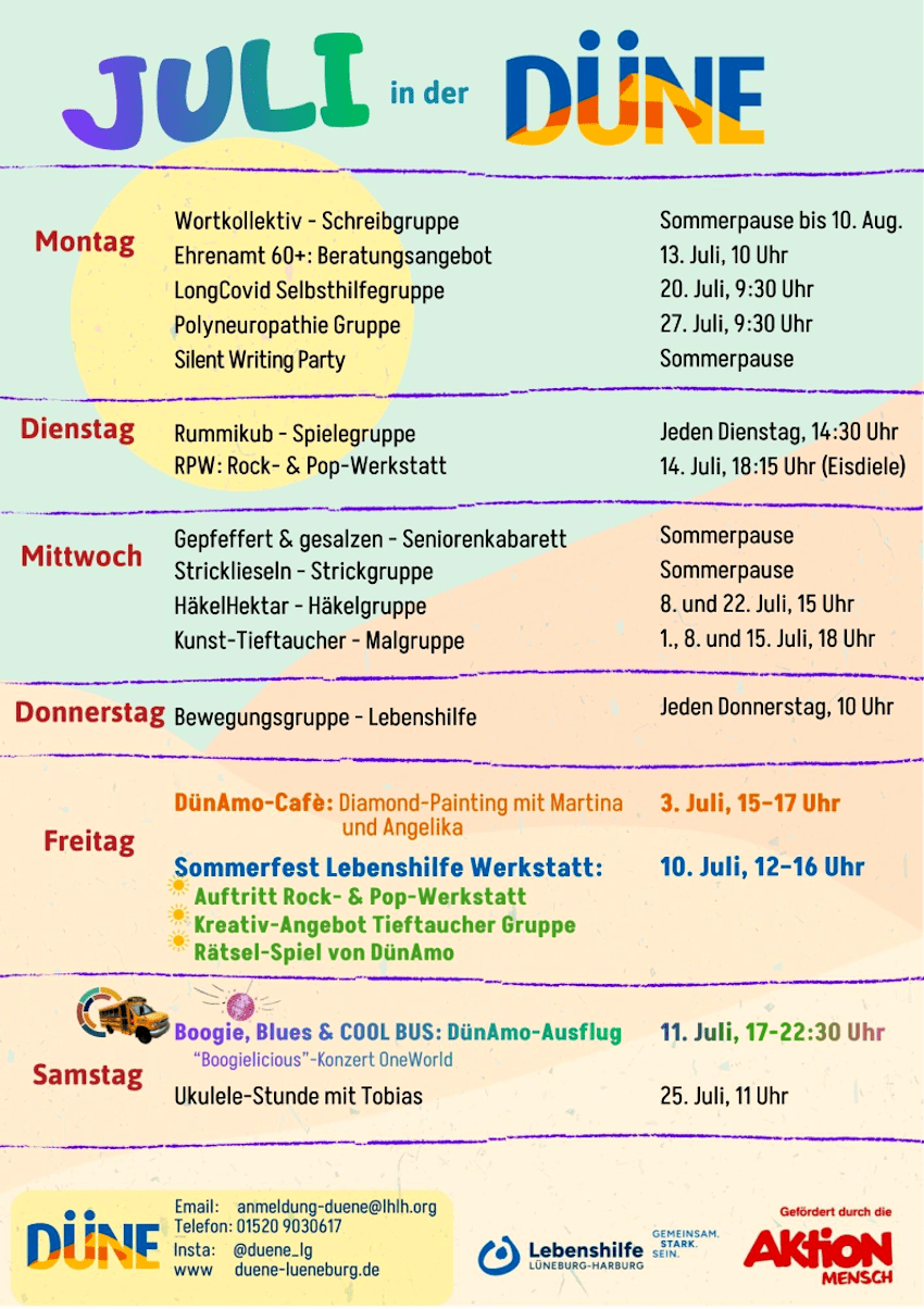Grafik: Lebenshilfe Lüneburg-Harburg. DÜNE Lüneburg, Programm im Juli 2026.