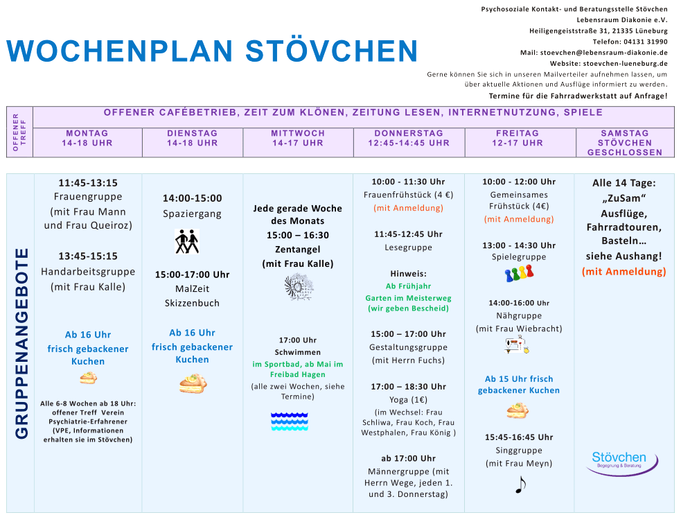Grafik: Stövchen Lüneburg. Wochenplan ab März 2026.