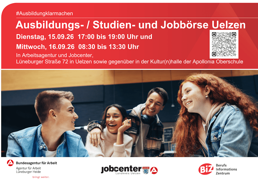 Grafik: Arbeitsagentur Lüneburger Heide. Plakat zur Jobmesse Uelzen am 15./16. September 2026.