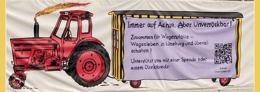 Grafik: Wagenplatz Unverückbar e.V. Banner: Stilisierter Traktor mit Haus auf Rädern als Anhänger und Spendenaufruf.