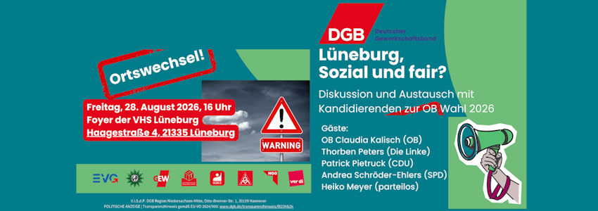 Grafik: DGB KV Lüneburg, Flyer (angepasst). Diskussion zur OB-Wahl, 28.08.2026.