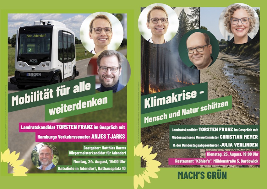 Grafik: Sharepics Bündnis 90/Die Grünen, KV Lüneburg. Veranstaltungen mit Anjes Tjarks und Christian Meyer im August 2026.
