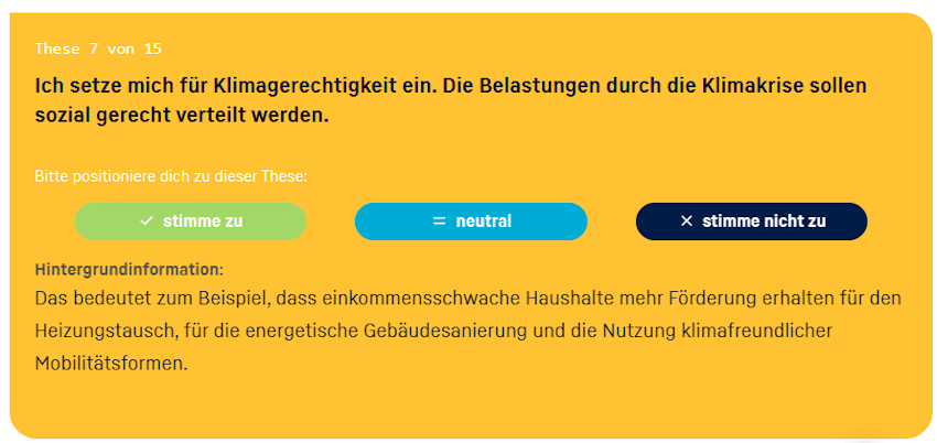 Grafik: German Zero / Klimaentscheid Lüneburg. 15 solcher Thesen stehen zur Auswahl bereit. Die Auswertung am Schluss zeigt, mit welcher Kandidatin oder welchem Kandidaten es am meisten Übereinstimmungen gibt.