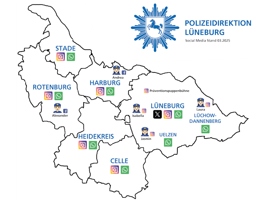 Grafik: Polizeidirektion Lüneburg. Die Karte zeigt die Polizeiinspektionen im Bereich der Polizeidirektion Lüneburg und ihre Social Media Accounts. Stand: 03/2025.