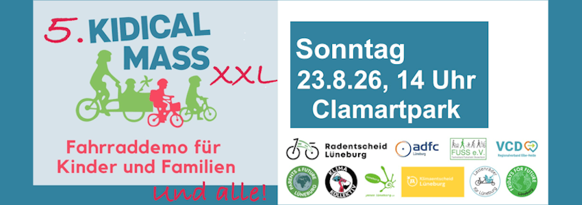 Grafik: Radentscheid Lüneburg, Sharepic Kidical Mass, 23. 08.2026 (angepasst).