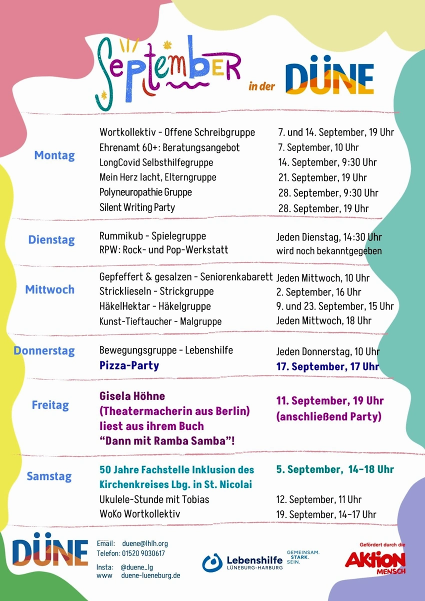 Grafik: Lebenshilfe Lüneburg-Harburg. DÜNE Lüneburg, Programm im September 2026.