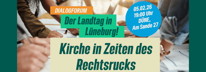 Grafik: Sharepic. Dialogforum Kirche in Zeiten des Rechtsrucks am 5. Februar 2026.