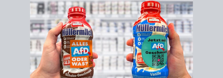 Foto: Campact. Flaschen mit Aufkleber „Alles AfD, oder was?“