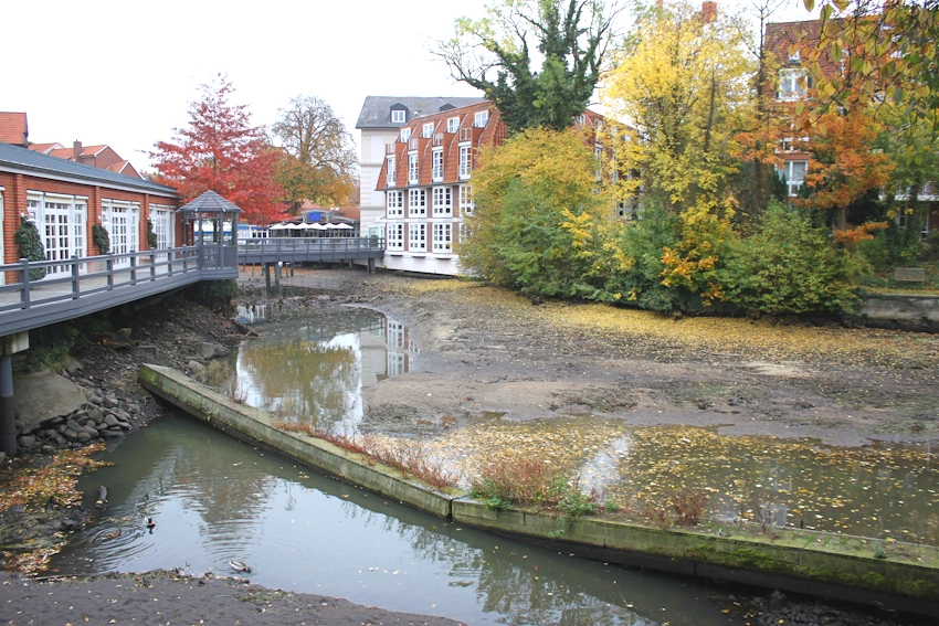 Foto: Hansestadt Lüneburg (Archiv). Die Ilmenau wurde 2017 zum letzten Mal abgelassen - hier bei der Ratsmühle. Im Flussbett bleibt durchgehend Restwasser, um während der Maßnahme Rückzugsorte für Lebewesen zu sichern.