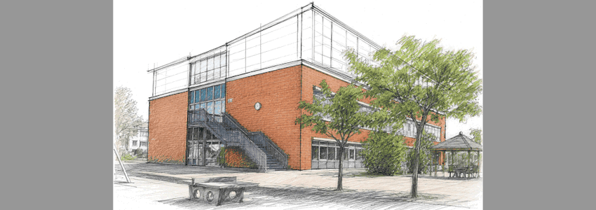 Grafik: Architekturbüro Rabeler. Schulzentrum Bleckede: Die Pläne sehen vor, das Gebäude um ein zweites Obergeschoss aufzustocken, das sich optisch von den beiden unteren Stockwerken abhebt.