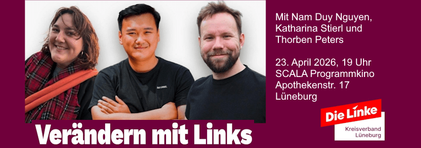 Grafik: Die Linke. Veranstaltung "Verändern mit Links", 23.04.2026, Sharepic (angepasst).