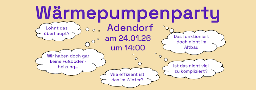 Klimaschutzmanagement der Gemeinde Adendorf: Einladung zur Wärmepumpen-Party am 24. Januar 2026.