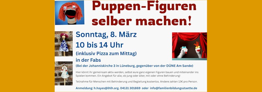 Grafik: Lebenshilfe Lüneburg-Harburg. Puppenfiguren selber machen - Workshop am 8. März 2026.