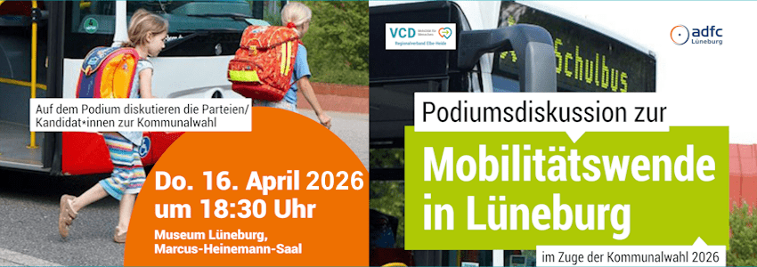 Grafik: Plakat VCD/ADFC. Mobilitätswende in Lüneburg. Podium mit OB-Kandidaten am 16. April 2026.