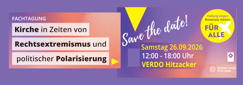 Grafik: Sprengel Lüneburg. Fachtag "Kirche in Zeiten von Rechtsextremismus und politischer Polarisierung" - 26.09.2026 in Hitzacker.